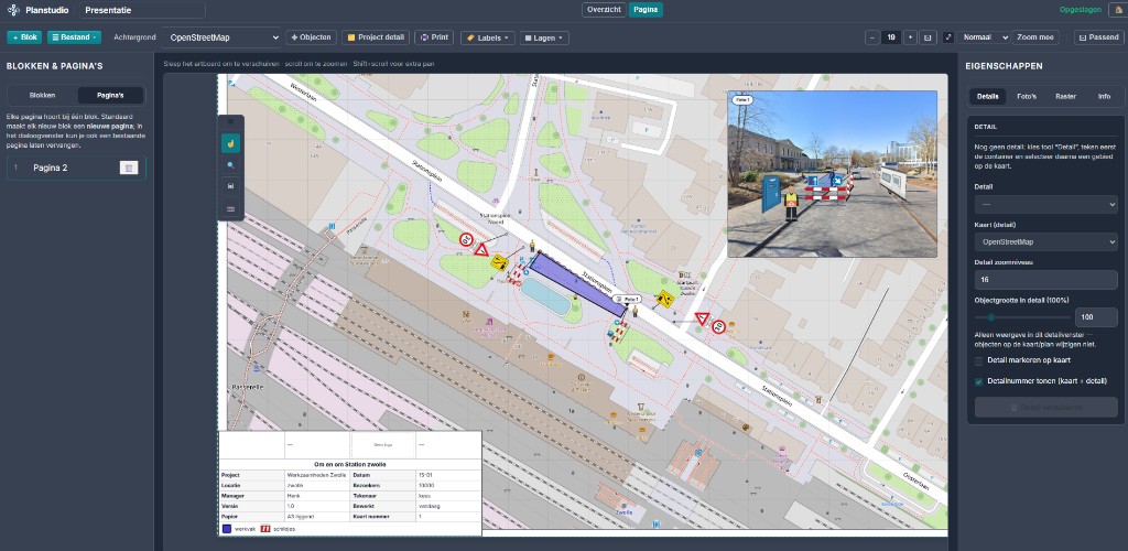 PlanStudio: presentatiepagina met kaart, objecten, foto en projectlegenda